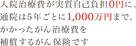 入院治療費が実質自己負担0円に。通院は5年ごとに1,000万円まで。かかったがん治療費を補償する保険です