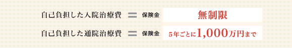 自己負担した入院治療費 = 保険金(上限なし)/自己負担した通院治療費 = 保険金(上限1,000万円)