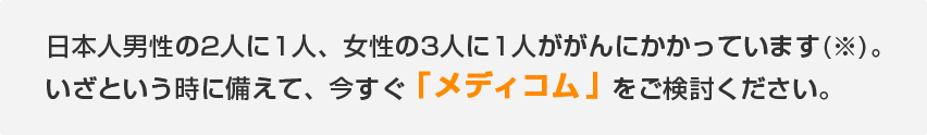 日本人男性の2人に1人、女性の3人に1人ががんにかかっています(※)。いざという時に備えて、今すぐ「メディコム」をご検討ください。